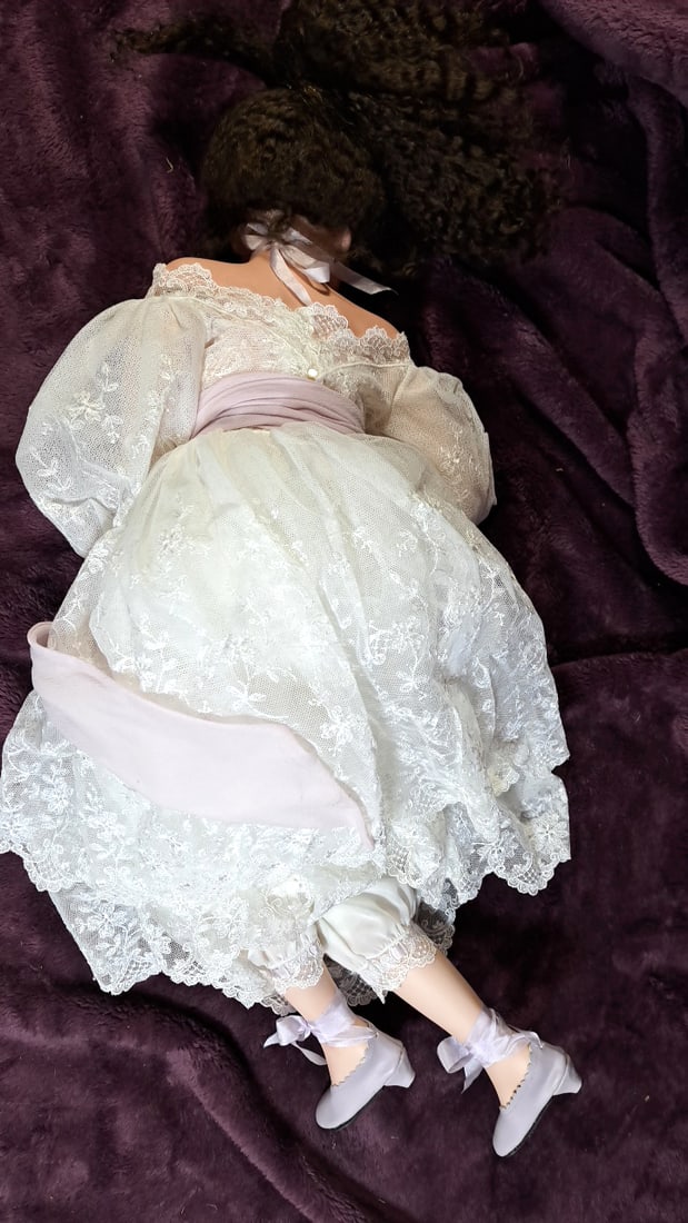 Blanford Porcelain Doll White Lace Dress Curly Dark Hair Blue Eyes Plush Bunny - 6
