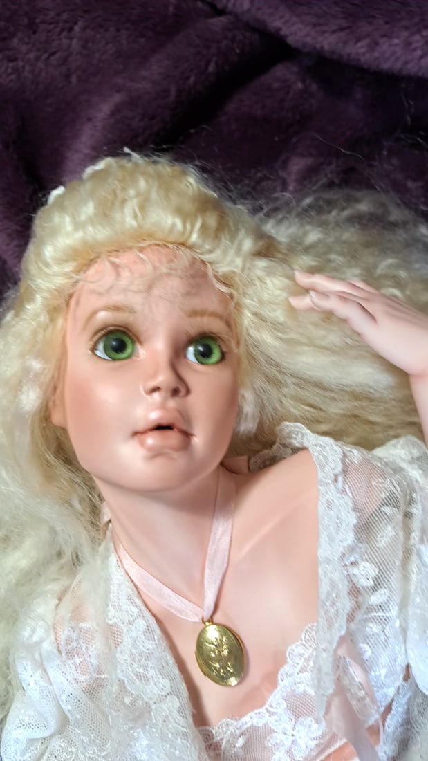 Blanford Porcelain Doll in White Lace Dress with Pink Ballet Shoes and Gold Locket - 2