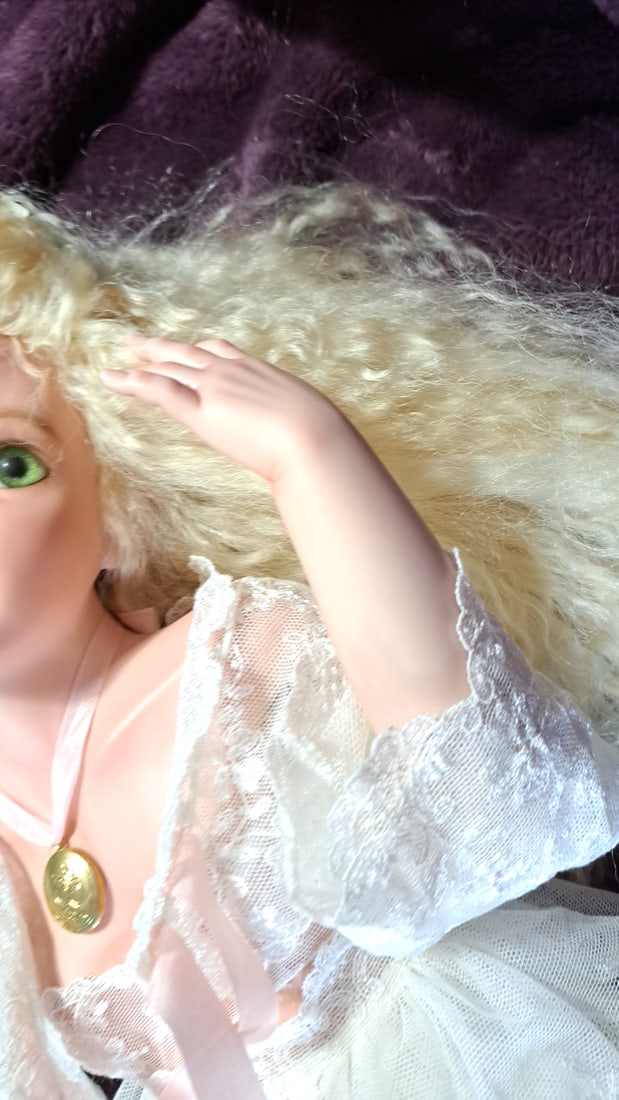 Blanford Porcelain Doll in White Lace Dress with Pink Ballet Shoes and Gold Locket - 3
