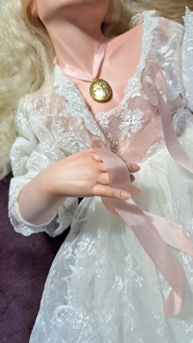 Blanford Porcelain Doll in White Lace Dress with Pink Ballet Shoes and Gold Locket - 4