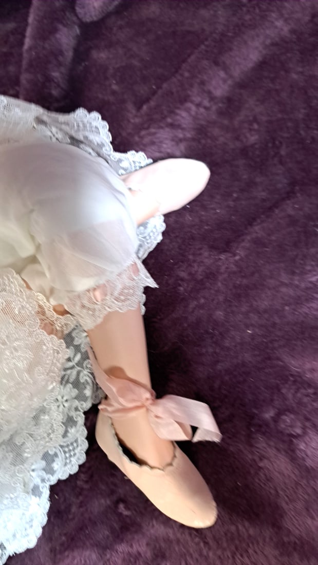 Blanford Porcelain Doll in White Lace Dress with Pink Ballet Shoes and Gold Locket - 5