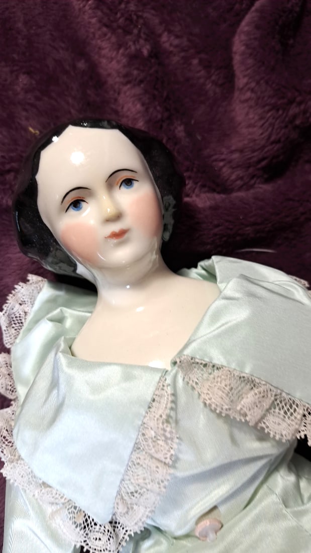 Porcelain Lady Doll with Black Hair, Blue Eyes and Pale Mint Satin Lace Dress - 2