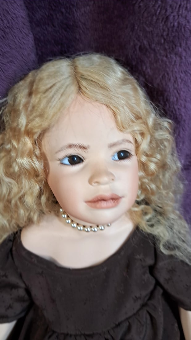 Plusczok Porcelain Girl Doll Brown Dress Pearl Necklace Black Shoes - 2