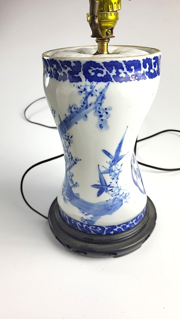 Geisha Pillow Blue and White Porcelain Vase Table Lamp with Harp and Fabric Shade on Wood Base - 3