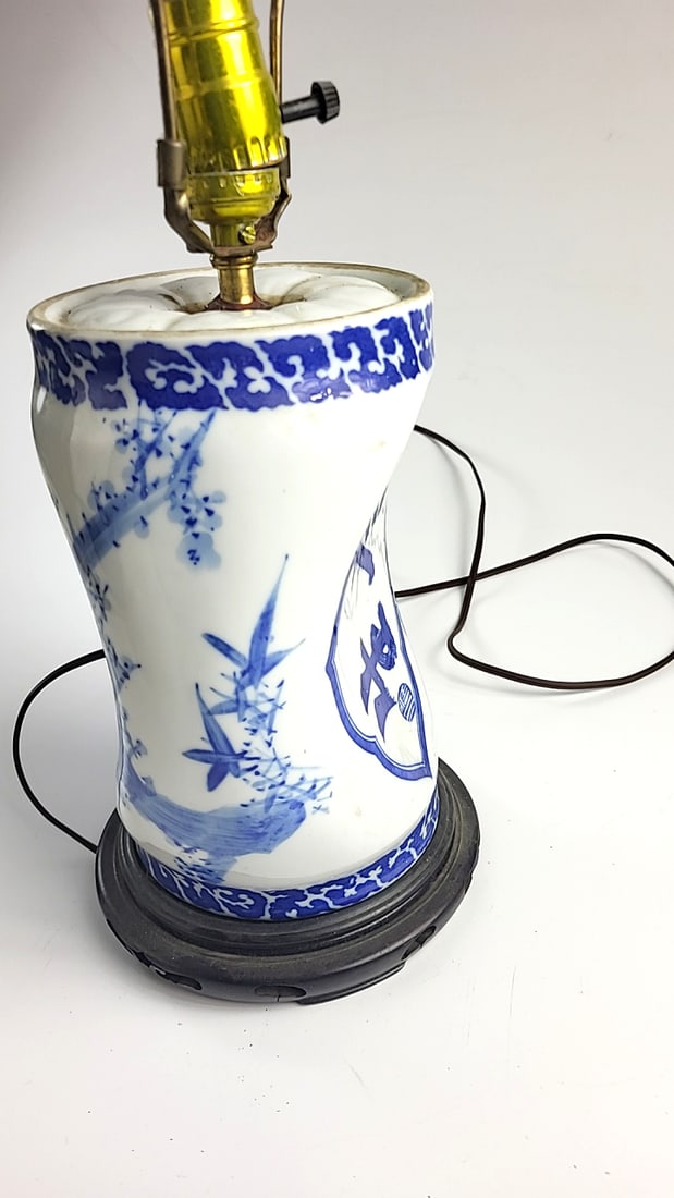 Geisha Pillow Blue and White Porcelain Vase Table Lamp with Harp and Fabric Shade on Wood Base - 4
