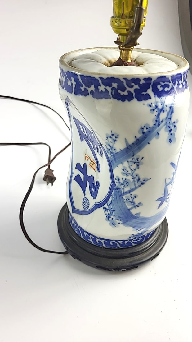 Geisha Pillow Blue and White Porcelain Vase Table Lamp with Harp and Fabric Shade on Wood Base - 5