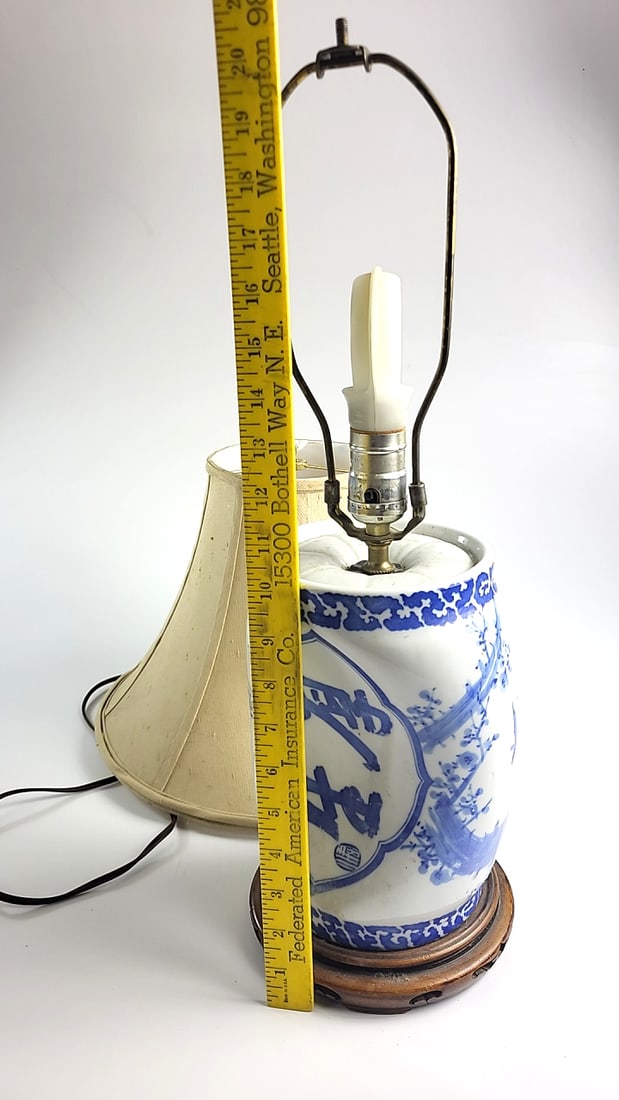 Geisha Pillow blue-white porcelain vase table lamp, floral & calligraphy, wood base - 5