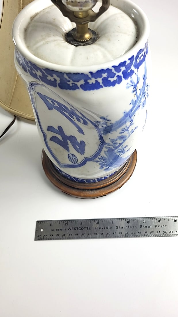Geisha Pillow blue-white porcelain vase table lamp, floral & calligraphy, wood base - 6