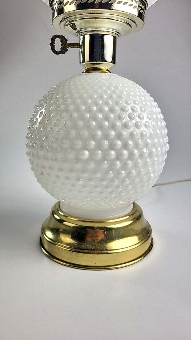 Large Hobnail Milk Glass Hurricane 22 Inch Table Lamp with Chimney and Brass Base, Electric - 2