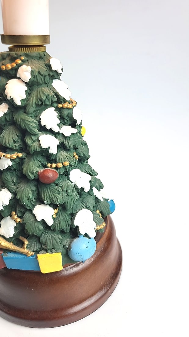 Vintage Ceramic Christmas Tree Accent Mini Table Lamp On Wood Base with Red Clip-On Shade - 3