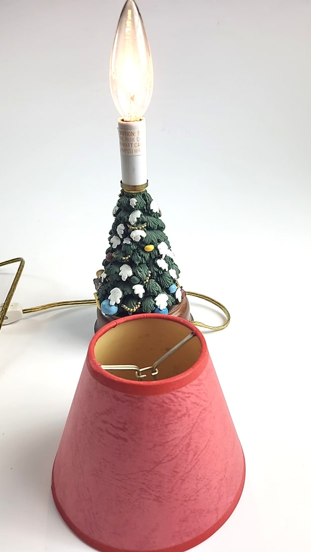 Vintage Ceramic Christmas Tree Accent Mini Table Lamp On Wood Base with Red Clip-On Shade - 6