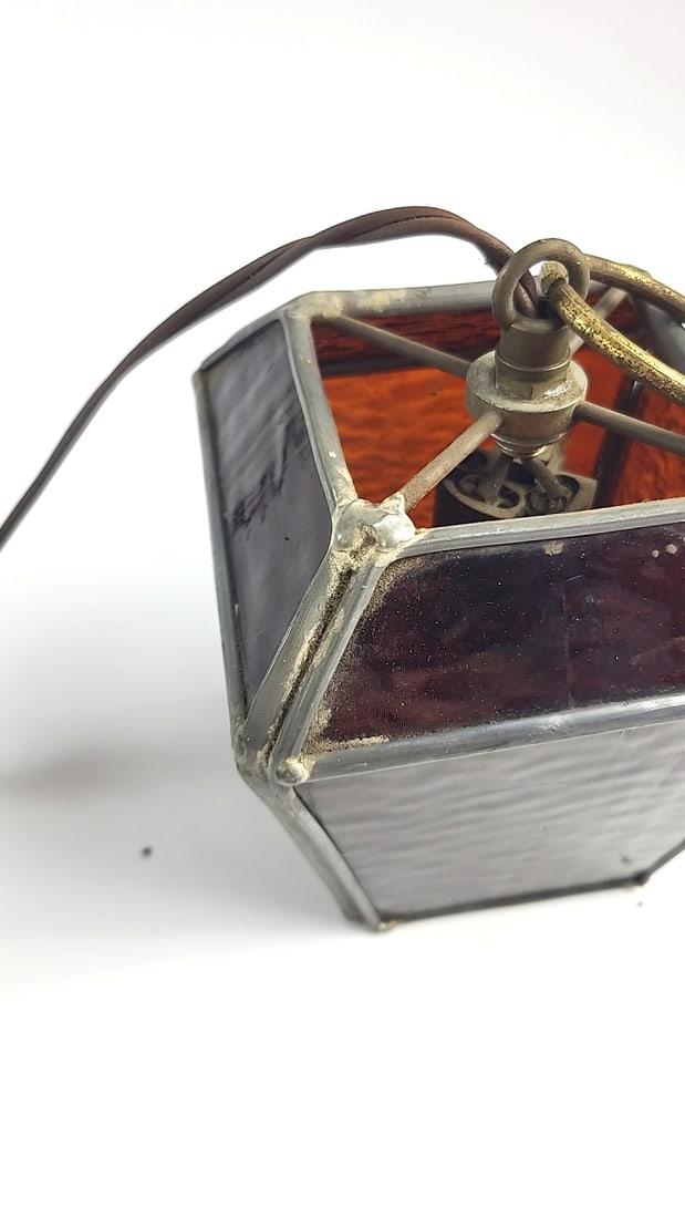 Vintage Amber Glass Hanging Pendant Lantern Light with Swag Cord, Purple Amber - 7