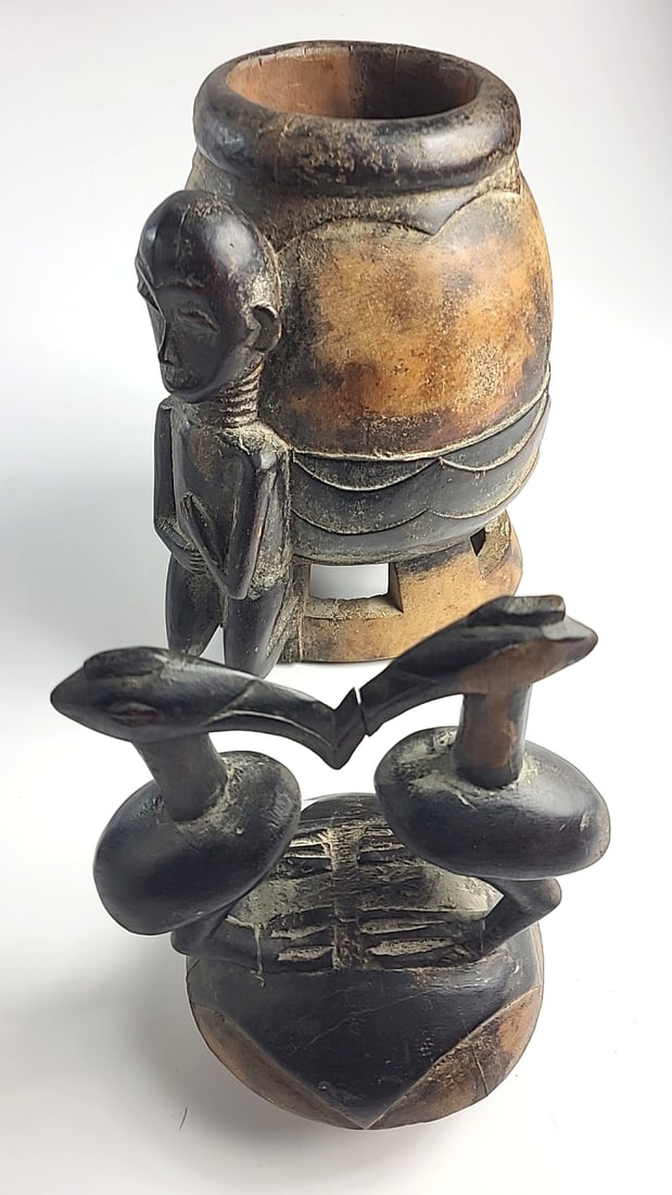 African Carved Wood Lidded Vessel with Double Bird Finial and Kneeling Human Figure - 2