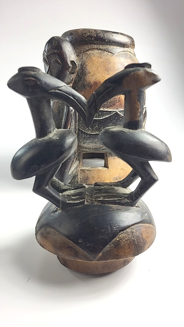 African Carved Wood Lidded Vessel with Double Bird Finial and Kneeling Human Figure - 3