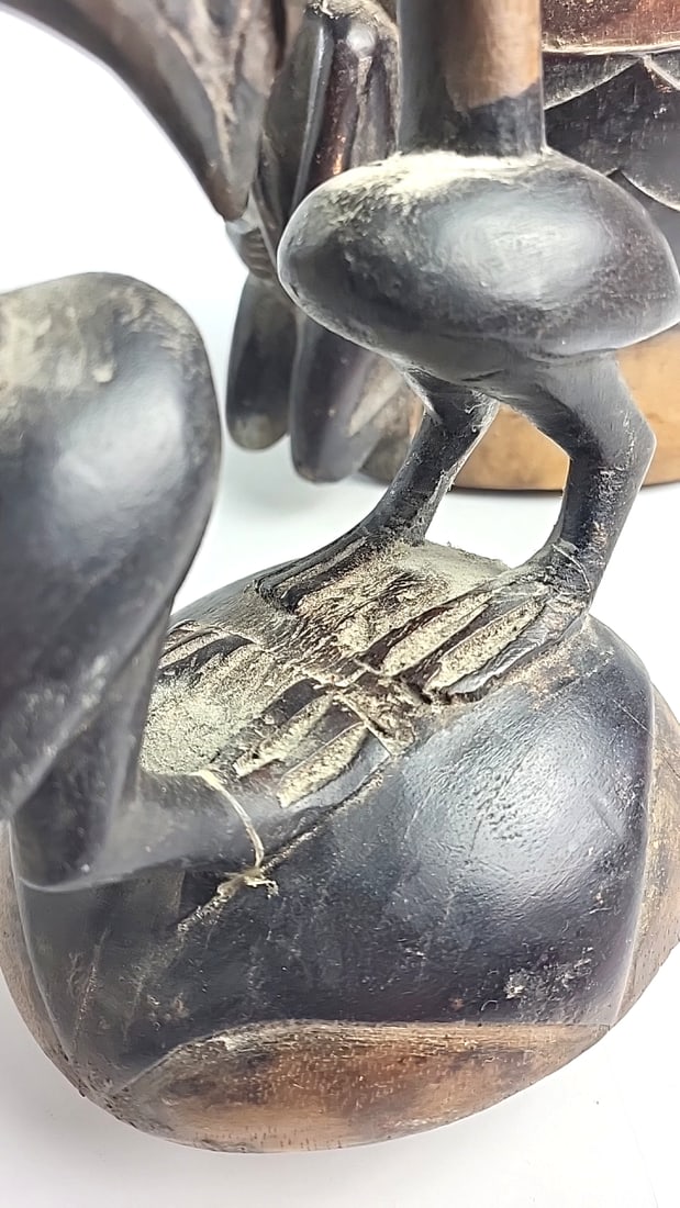 African Carved Wood Lidded Vessel with Double Bird Finial and Kneeling Human Figure - 4