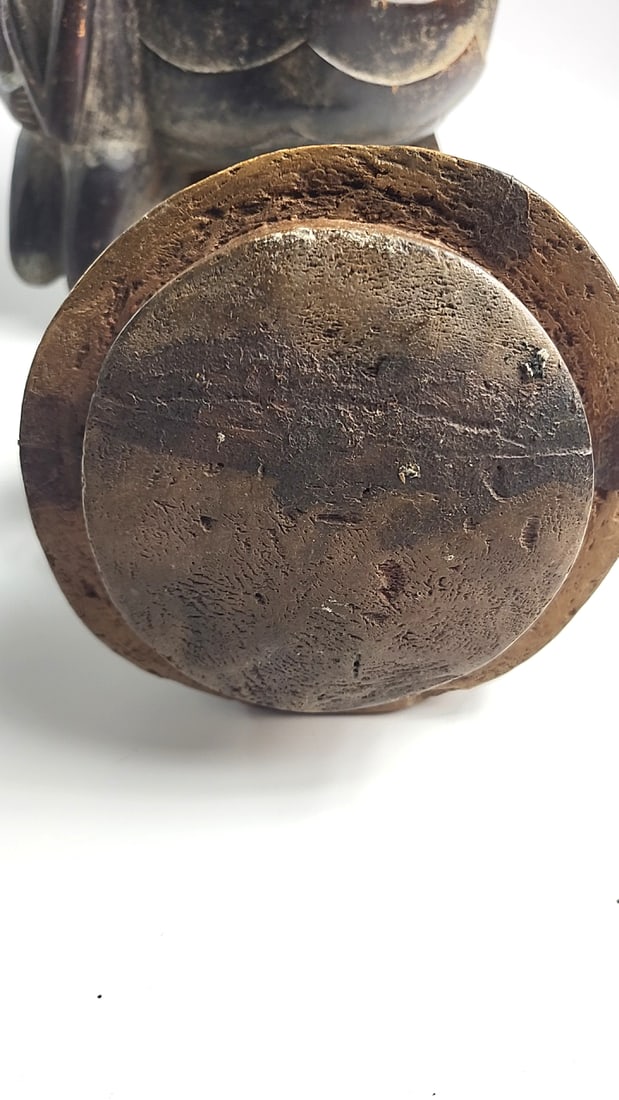African Carved Wood Lidded Vessel with Double Bird Finial and Kneeling Human Figure - 6