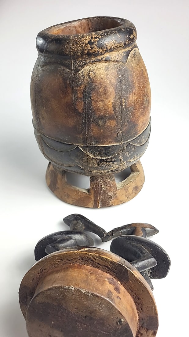 African Carved Wood Lidded Vessel with Double Bird Finial and Kneeling Human Figure - 8