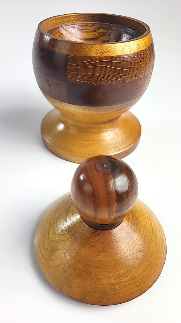 Turned Mixed Wood Lidded Pedestal JarTrinket Box with Knob Finial - 2