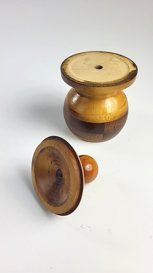 Turned Mixed Wood Lidded Pedestal JarTrinket Box with Knob Finial - 3