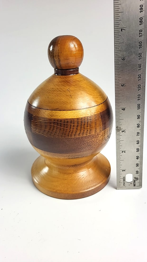 Turned Mixed Wood Lidded Pedestal JarTrinket Box with Knob Finial - 5