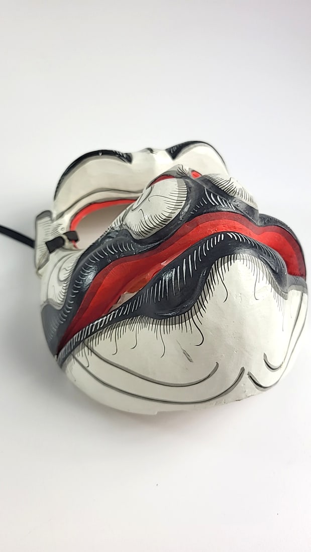 Carved Wood Mask White Black Red Grinning Face with Fangs - 2