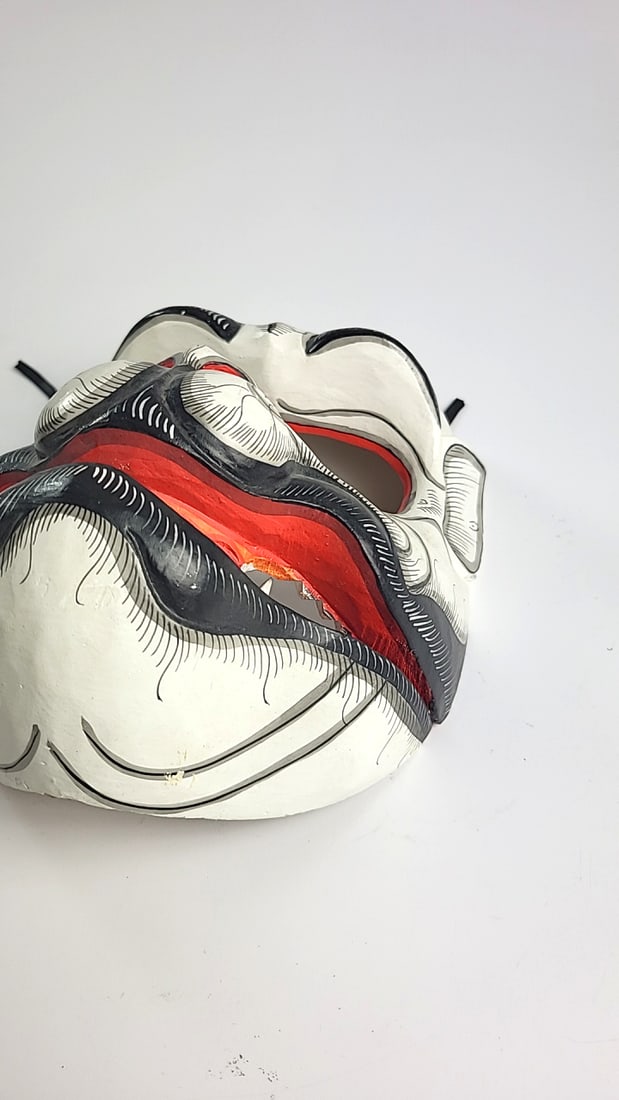 Carved Wood Mask White Black Red Grinning Face with Fangs - 3