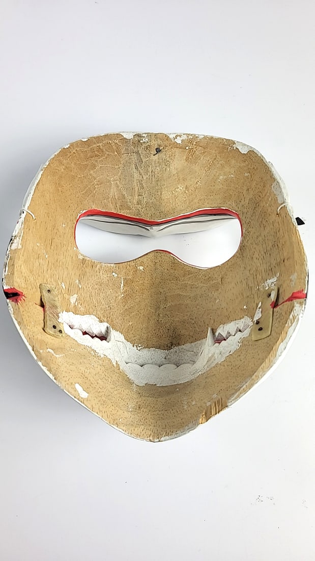 Carved Wood Mask White Black Red Grinning Face with Fangs - 4