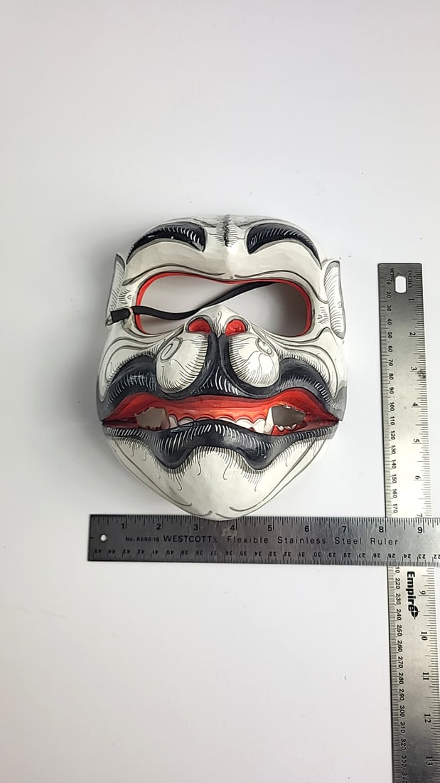 Carved Wood Mask White Black Red Grinning Face with Fangs - 5