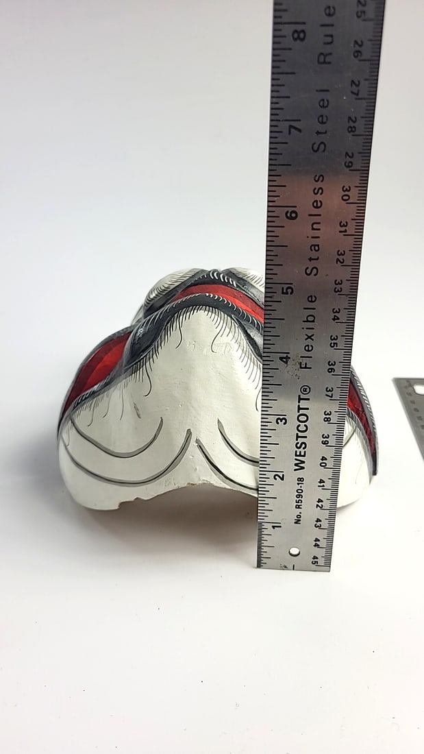 Carved Wood Mask White Black Red Grinning Face with Fangs - 6