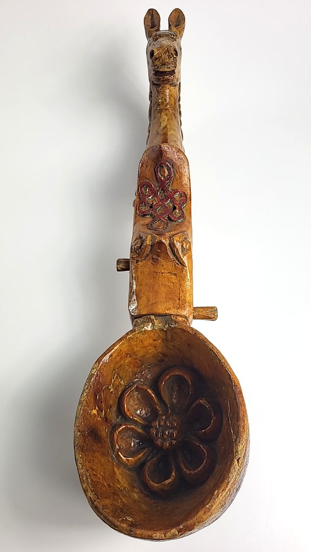 Large Carved Wooden Horse Head Ladle Scoop Folk Art Floral Bowl - 3
