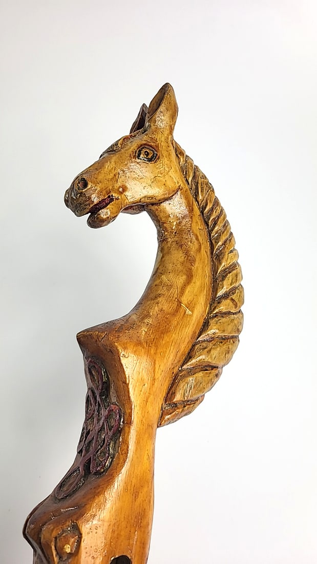 Large Carved Wooden Horse Head Ladle Scoop Folk Art Floral Bowl - 4