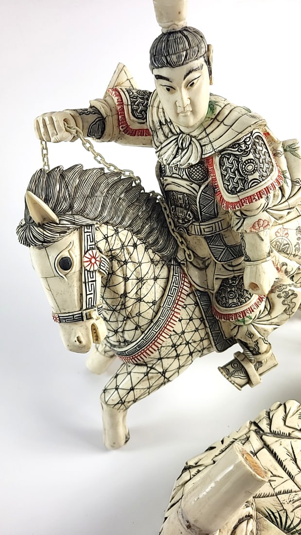 Amazing Samurai Warrior on Horseback Figural Bone On Wood Statue with Carved Scenic Base - NEEDS ... - 2