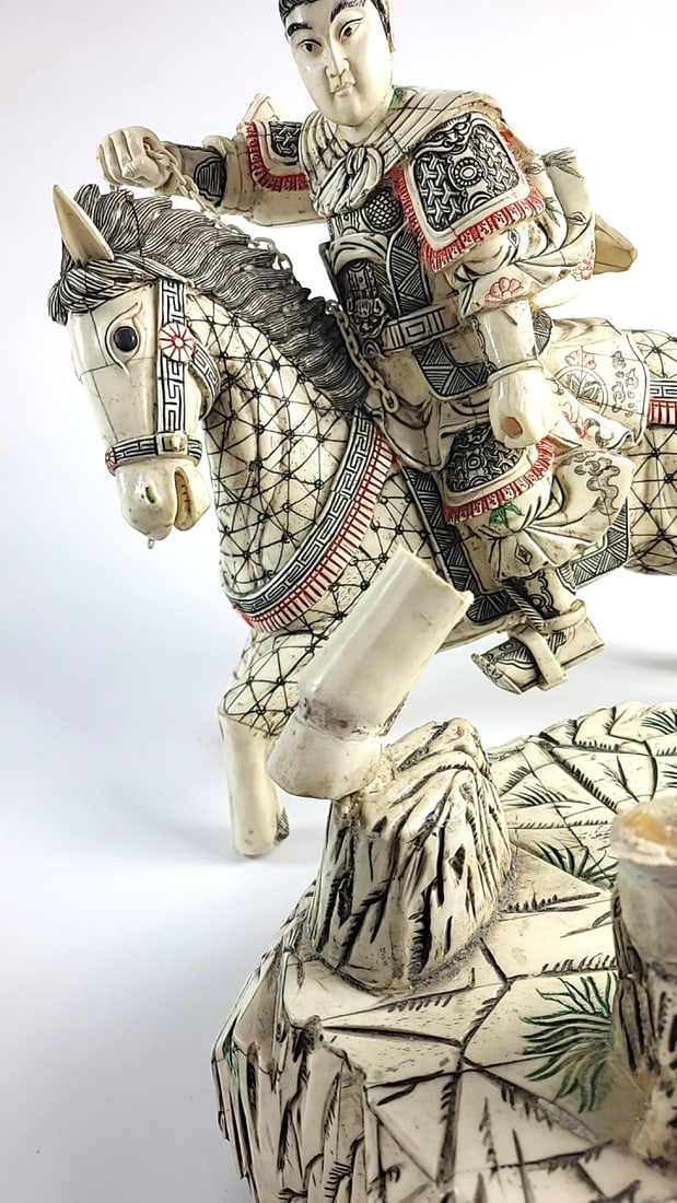 Amazing Samurai Warrior on Horseback Figural Bone On Wood Statue with Carved Scenic Base - NEEDS ... - 3