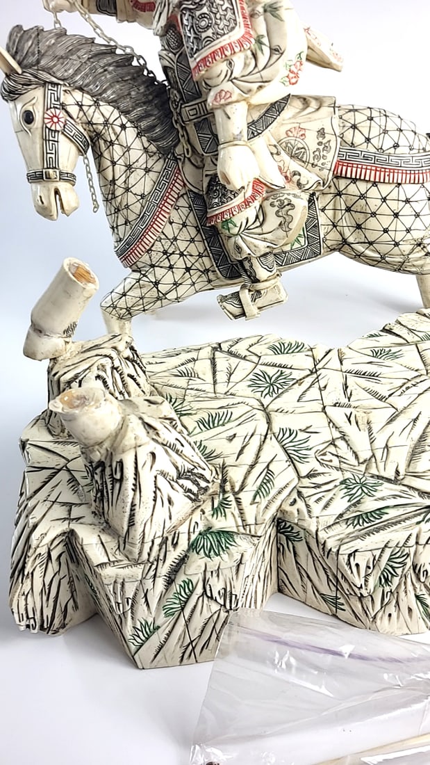 Amazing Samurai Warrior on Horseback Figural Bone On Wood Statue with Carved Scenic Base - NEEDS ... - 4