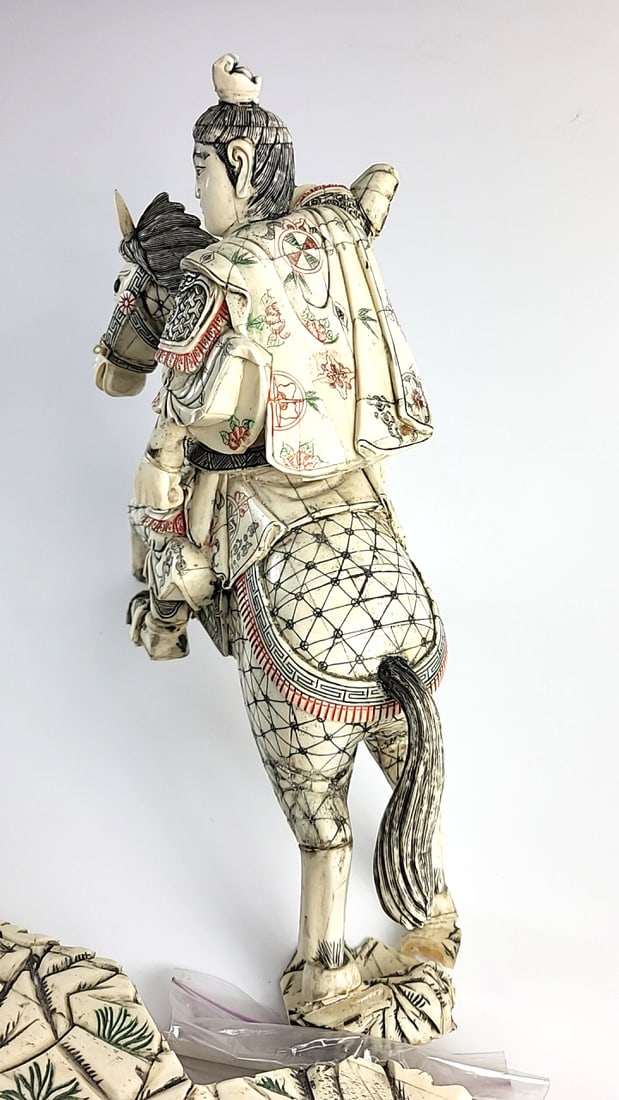 Amazing Samurai Warrior on Horseback Figural Bone On Wood Statue with Carved Scenic Base - NEEDS ... - 7