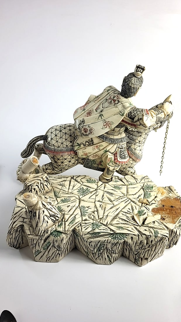 Amazing Samurai Warrior on Horseback Figural Bone On Wood Statue with Carved Scenic Base - NEEDS ... - 8