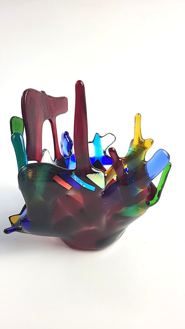 Red Tail GlassWorks Fused Glass Freeform Multicolor Art Bowl, Signed, Whidbey Island WA - 3
