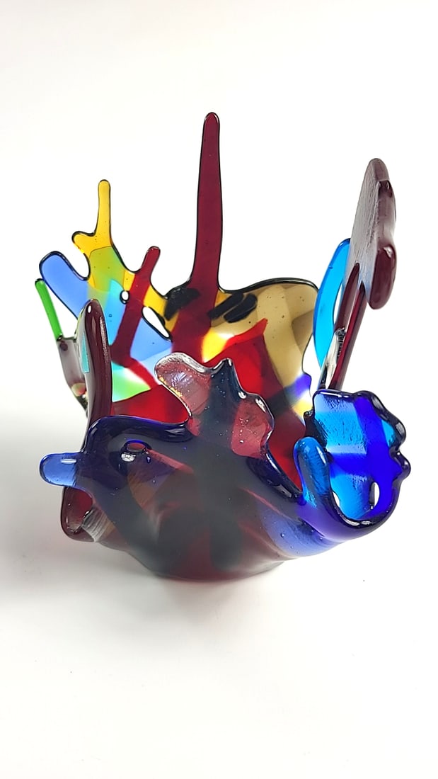Red Tail GlassWorks Fused Glass Freeform Multicolor Art Bowl, Signed, Whidbey Island WA - 5