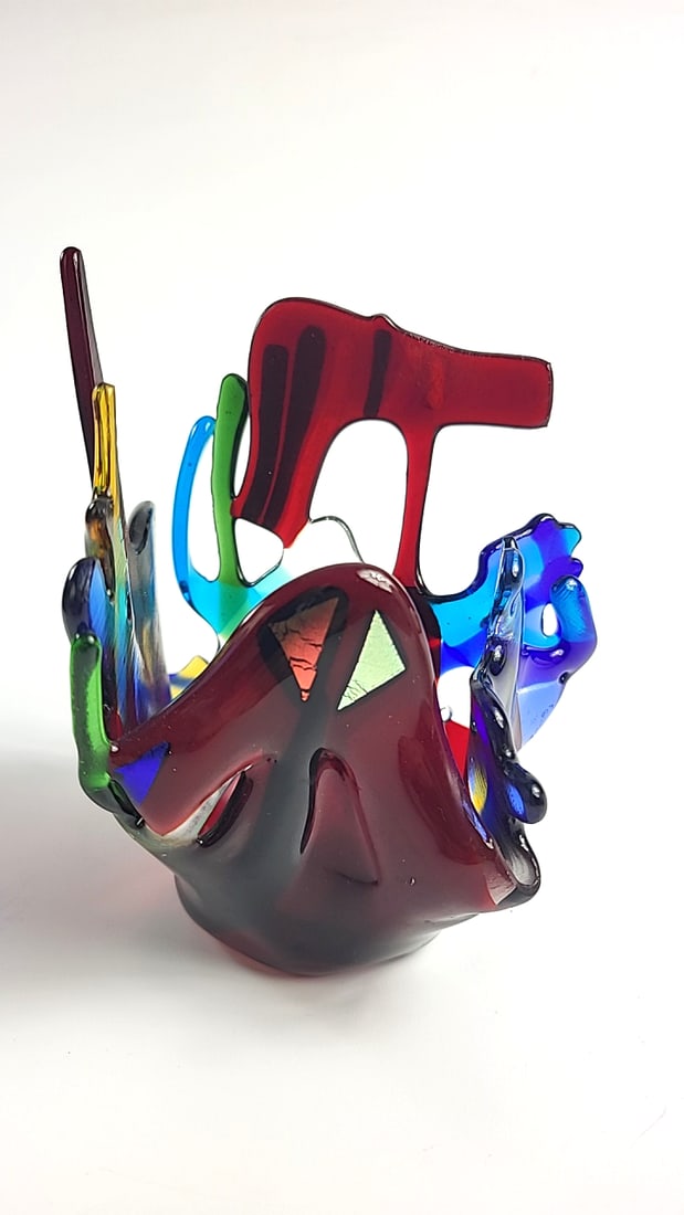 Red Tail GlassWorks Fused Glass Freeform Multicolor Art Bowl, Signed, Whidbey Island WA - 7