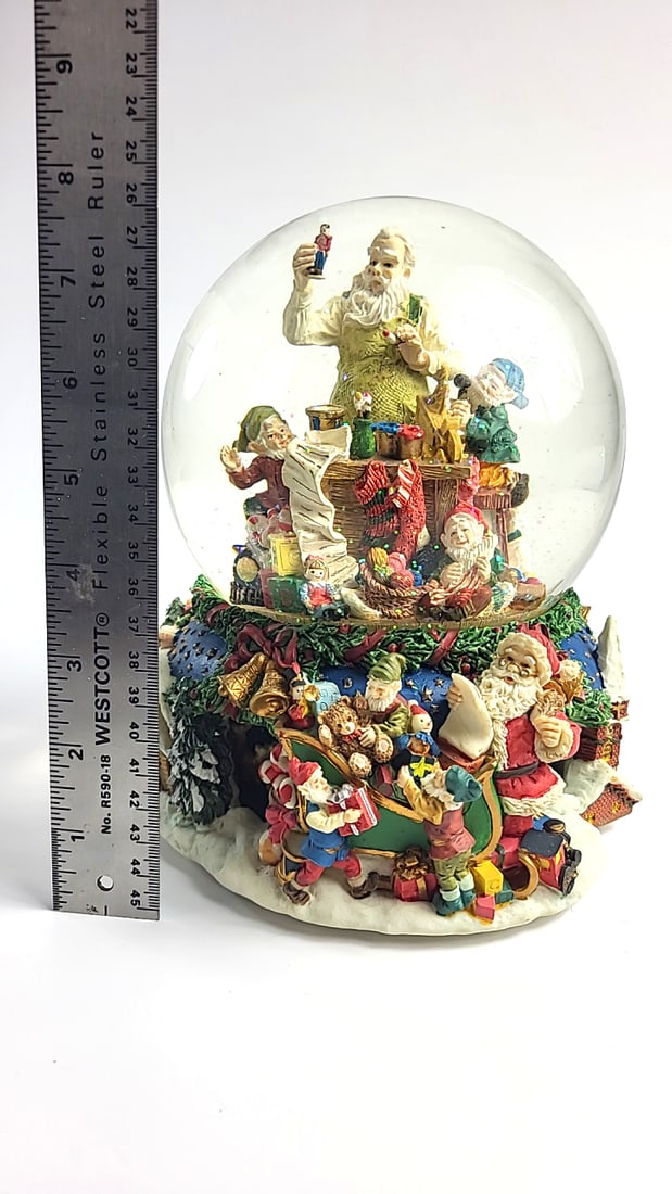Vintage Santas Workshop Christmas Snow Globe with Elves Ceramic Base - 2