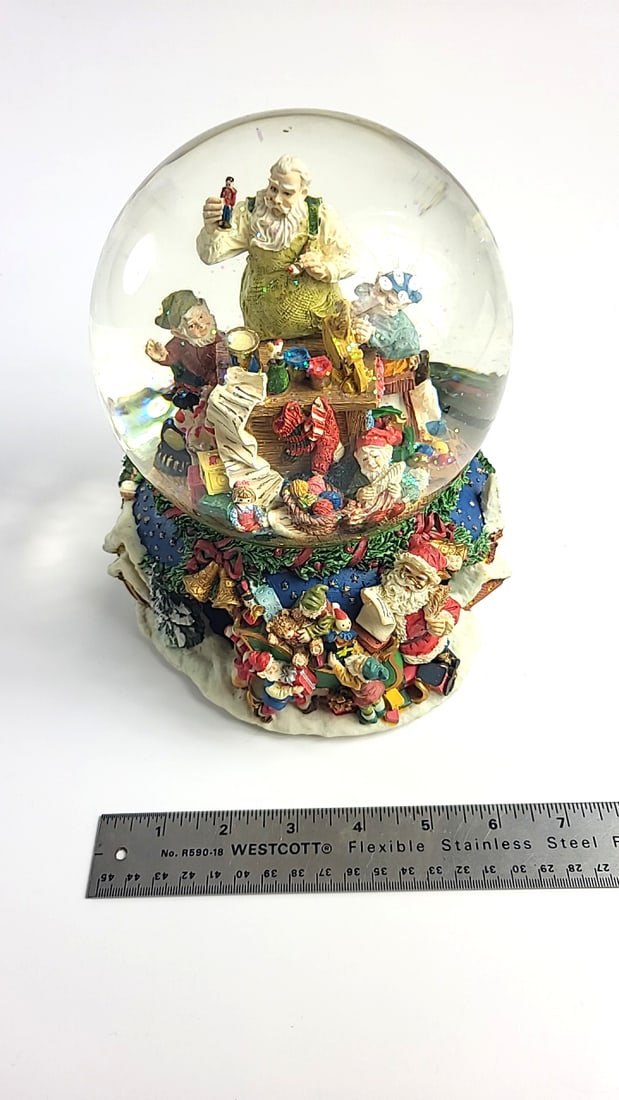 Vintage Santas Workshop Christmas Snow Globe with Elves Ceramic Base - 3