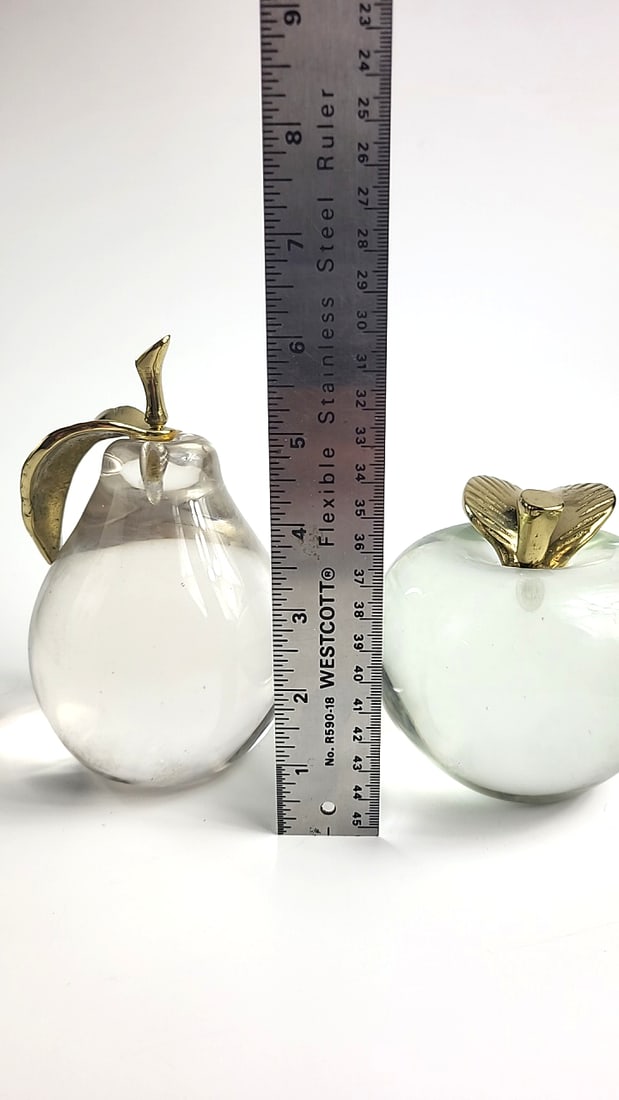 Set of 2 Clear/Smoky Glass Apple & Pear Paperweights with Brass Leaf Stems - 2