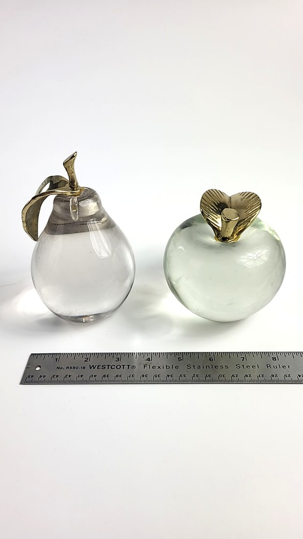 Set of 2 Clear/Smoky Glass Apple & Pear Paperweights with Brass Leaf Stems - 3