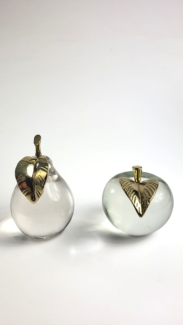 Set of 2 Clear/Smoky Glass Apple & Pear Paperweights with Brass Leaf Stems - 5