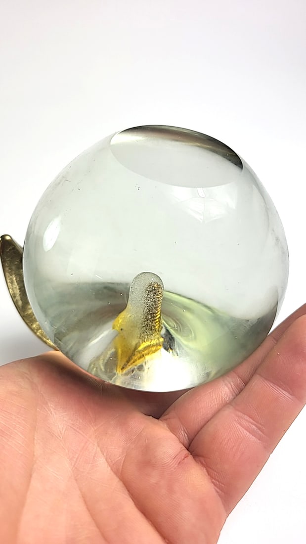 Set of 2 Clear/Smoky Glass Apple & Pear Paperweights with Brass Leaf Stems - 6