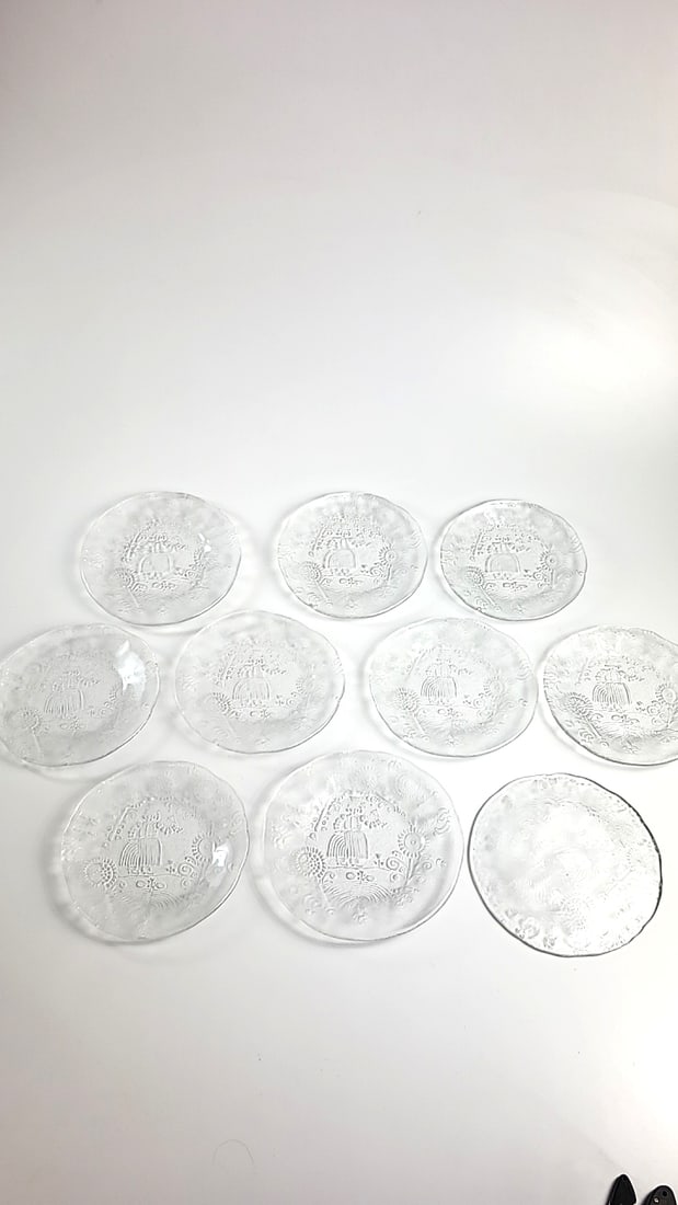 Set of 10 Clear Pressed Glass Salad Dessert Plates with Embossed Drink Girl and Floral Motif (1 of 7)
