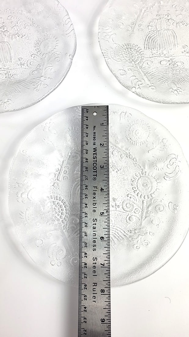 Set of 10 Clear Pressed Glass Salad Dessert Plates with Embossed Drink Girl and Floral Motif - 2