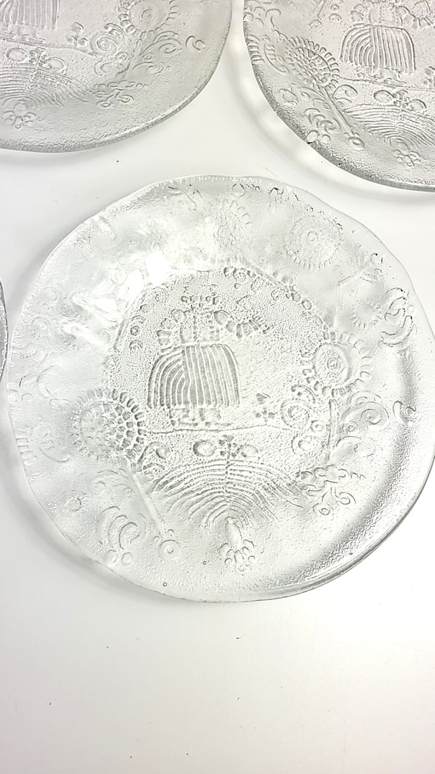 Set of 10 Clear Pressed Glass Salad Dessert Plates with Embossed Drink Girl and Floral Motif - 3