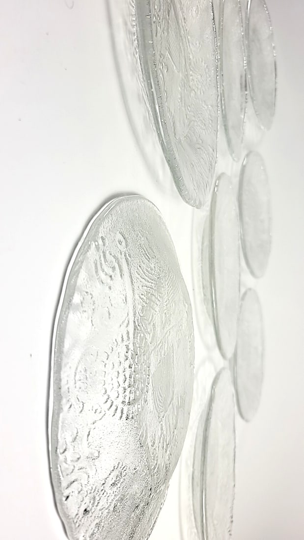 Set of 10 Clear Pressed Glass Salad Dessert Plates with Embossed Drink Girl and Floral Motif - 4