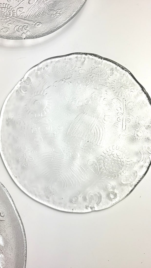 Set of 10 Clear Pressed Glass Salad Dessert Plates with Embossed Drink Girl and Floral Motif - 5